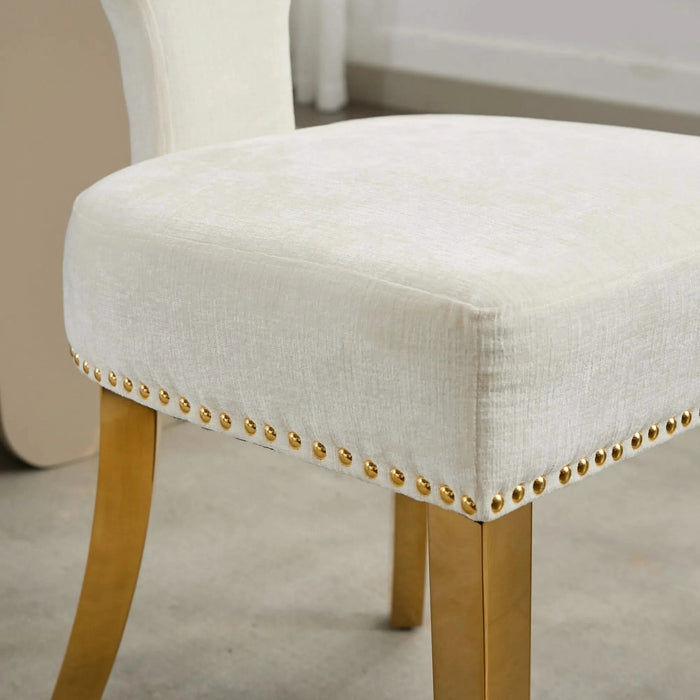 Mid Century Modern Dining Chairs Set of 2, Farmhouse Chenille Fabric Upholstered Accent Chair Curved Backrest with Copper Nails around,Kitchen Chairs with Golden Stainless Steel Plating Legs, Beige Default -DTYStore