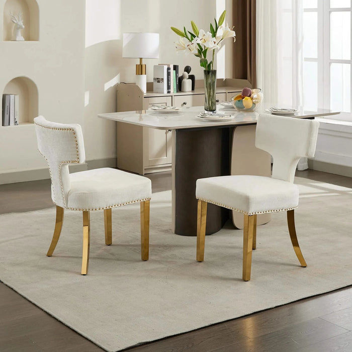 Mid Century Modern Dining Chairs Set of 2, Farmhouse Chenille Fabric Upholstered Accent Chair Curved Backrest with Copper Nails around,Kitchen Chairs with Golden Stainless Steel Plating Legs, Beige Default -DTYStore