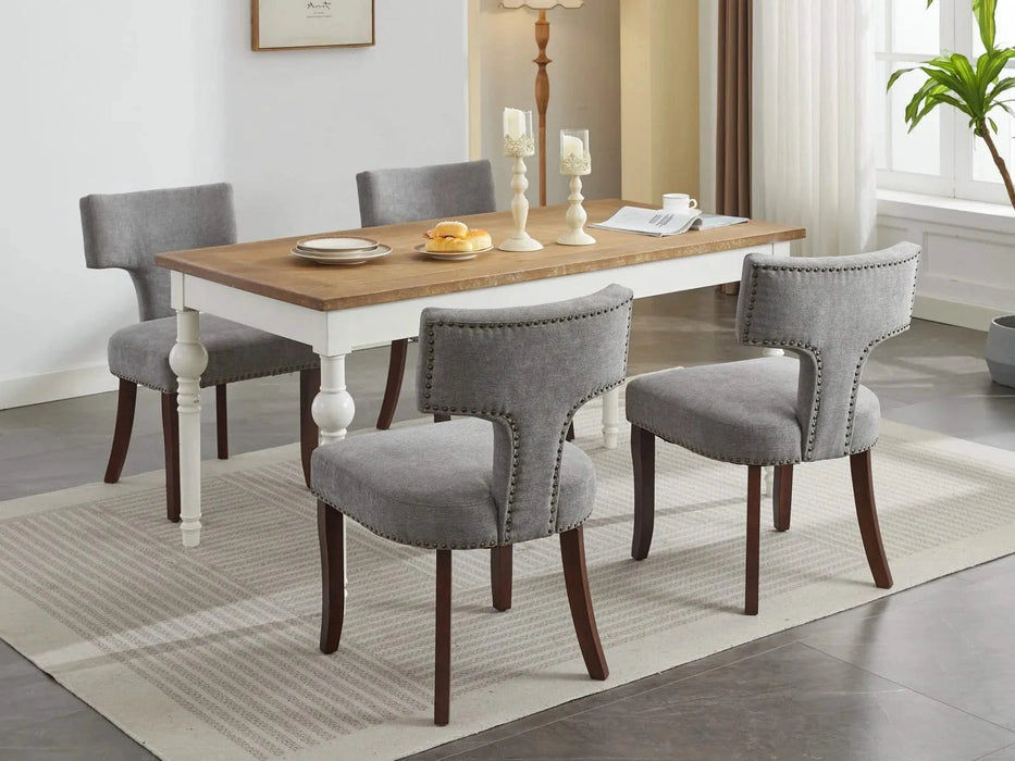 Mid Century Modern Dining Chairs Set of 2, Farmhouse Linen Fabric Upholstered Accent Chair Curved Backrest with Copper Nails around,Kitchen Chairs with Hardwood Frame, Gray Default -DTYStore