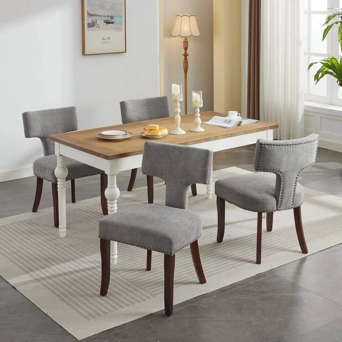 Mid Century Modern Dining Chairs Set of 2, Farmhouse Linen Fabric Upholstered Accent Chair Curved Backrest with Copper Nails around,Kitchen Chairs with Hardwood Frame, Gray Default -DTYStore