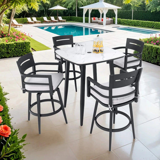 Modern 5PC Outdoor Patio Bar Set,Rounded Square Sintered Stone Table & 4 Swivel Bar Chairs,Non-Rust Aluminum Frame,Ember Black, Marble-Inspired Top,Bearing Swivel Plate,Tapered Legs,Sunbrella Cushion Default -DTYStore