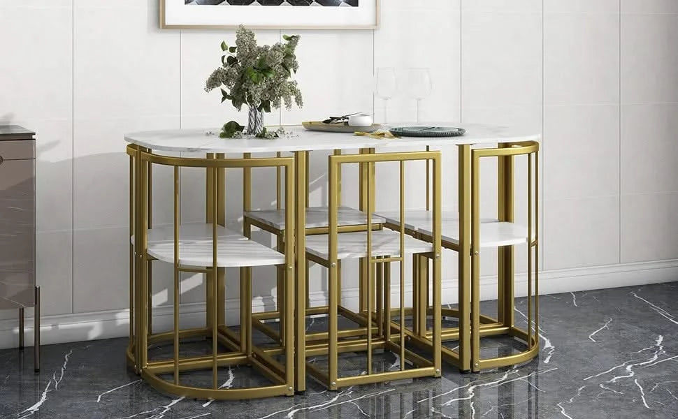 Modern 7-Piece Dining Table Set with Faux Marble Compact 55Inch Kitchen Table Set for 6, Golden+White Default -DTYStore