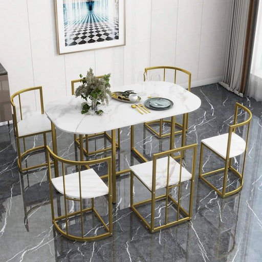 Modern 7-Piece Dining Table Set with Faux Marble Compact 55Inch Kitchen Table Set for 6, Golden+White Default -DTYStore