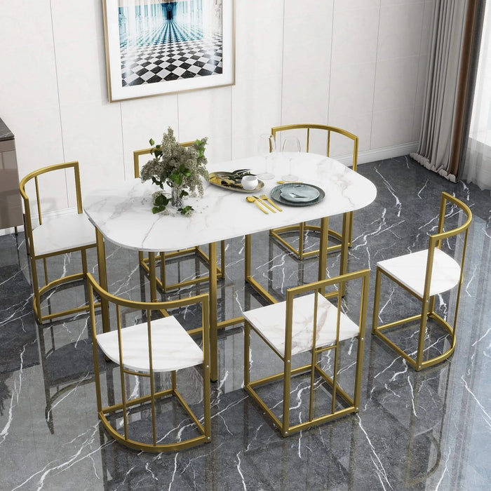 Modern 7-Piece Dining Table Set with Faux Marble Compact 55Inch Kitchen Table Set for 6, Golden+White Default -DTYStore
