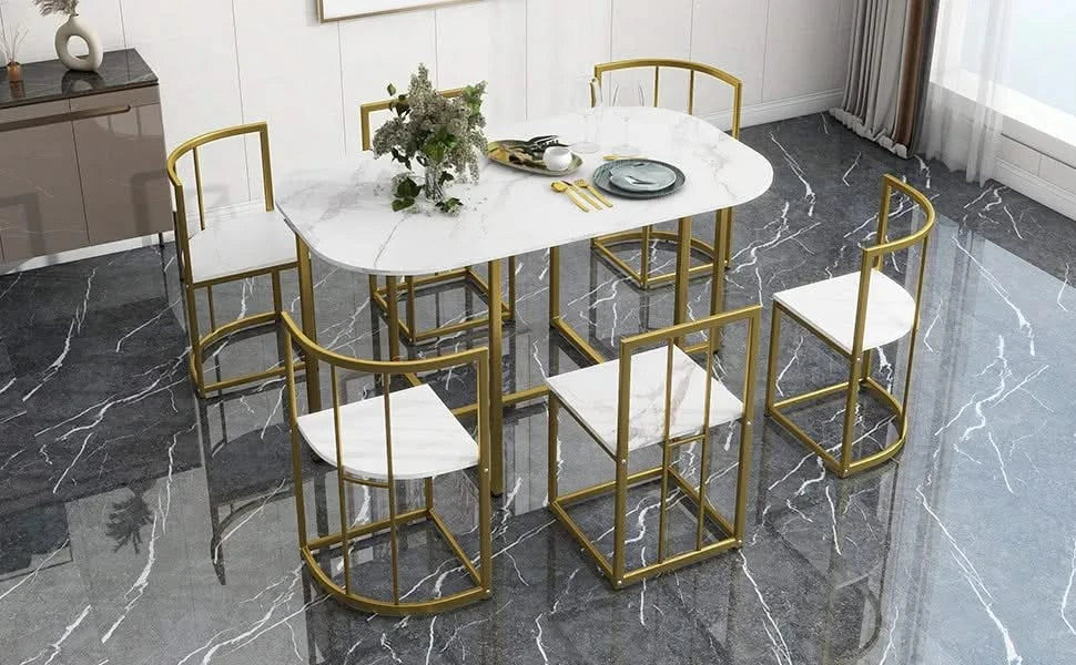 Modern 7-Piece Dining Table Set with Faux Marble Compact 55Inch Kitchen Table Set for 6, Golden+White Default -DTYStore