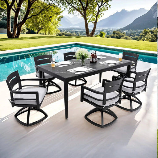 Modern 7-Piece Outdoor Patio Aluminum Dining Set, 35.5'x71' Rectangular Dining Table with Black Marble-Look Sintered Stone Top, Ember Black, 6 Swivel Rockers with Sunbrella Cushions Default -DTYStore