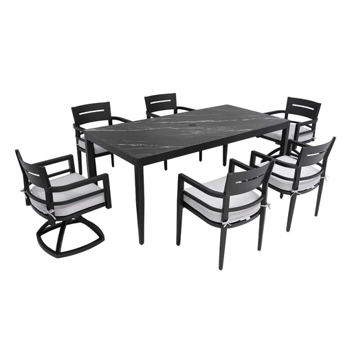 Modern 7PC Outdoor Patio Aluminum Dining Set, 35.5'x71' Rectangular Table with Black Marble-Look Sintered Stone Top, Ember Black, 4 Chairs & 2 Swivel Rockers, Sunbrella Cushions Default -DTYStore