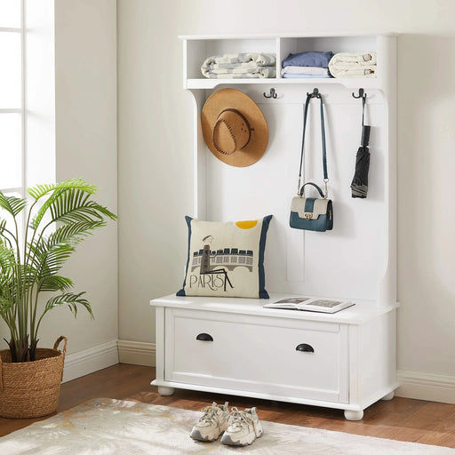 Modern Classic Hall Tree with Shoe Rack Bench and Coat Hooks for Hanging Storage, Entryway Bench with Open Shelves and Shoe Cabinets 40.16'W*18.58'D*64.17'H white Default -DTYStore