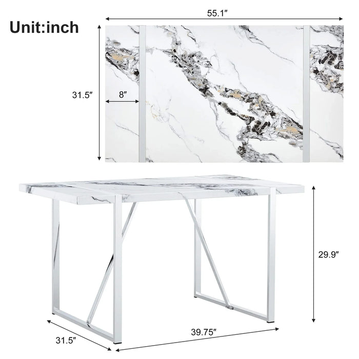 Modern Dining Table, 55 inch Faux Marble Kitchen Table for 4 People, Rectangular Dinner Table for Dining Room, Home Office, Living Room Furniture, Easy Assembly, (White & Silver)(Only Table) Default -DTYStore