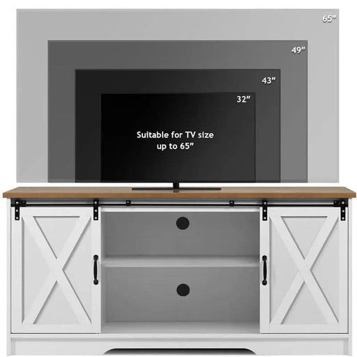 Modern Farmhouse Wood TV Stand for TVs up to 58 inches, with Sliding Barn Doors, 3 Adjustable Shelves, Cord Management Ports, Corner Fit for Small Space Homes, in Oak/Solid White Default -DTYStore