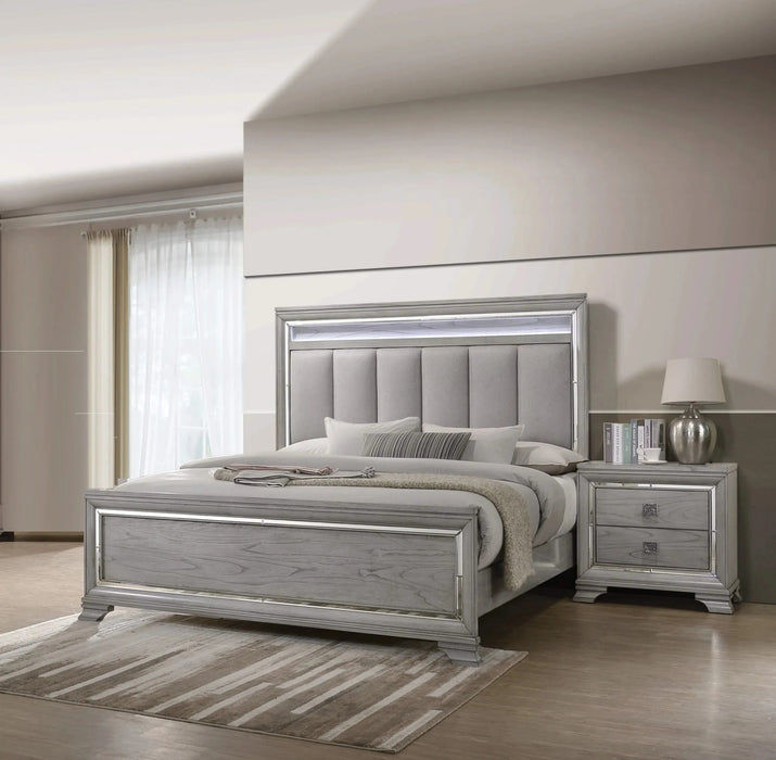 Modern King Size Panel Bed Nightstand 3pc Set Integrated Led Lighting Tufted Headboard Wood Grain Soft Gray Finish Wooden Solid Wood Furniture Default -DTYStore