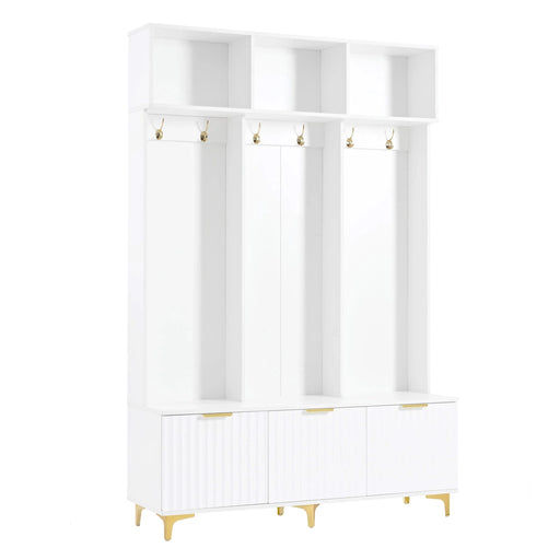 Modern Large Storage Hall Tree with Bench, Multifunctional Storage Bench with High Gloss Fluted Doors, Luxurious Coat Rack with 6 Gold Hooks and Legs for Entryway, Living Room, White Default -DTYStore