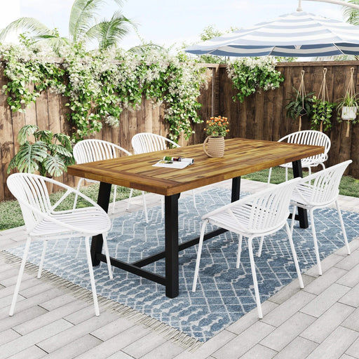Modern Outdoor 7-Piece Dining Set with Stackable Chairs, White Finish, Acacia Wood and Metal Default -DTYStore
