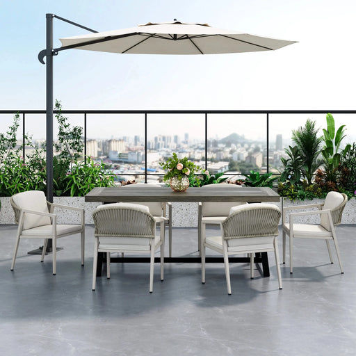 Modern Outdoor Dining Set - 7 Pieces with Acacia Wood Table and Iron Chairs in Grey and Black Default -DTYStore