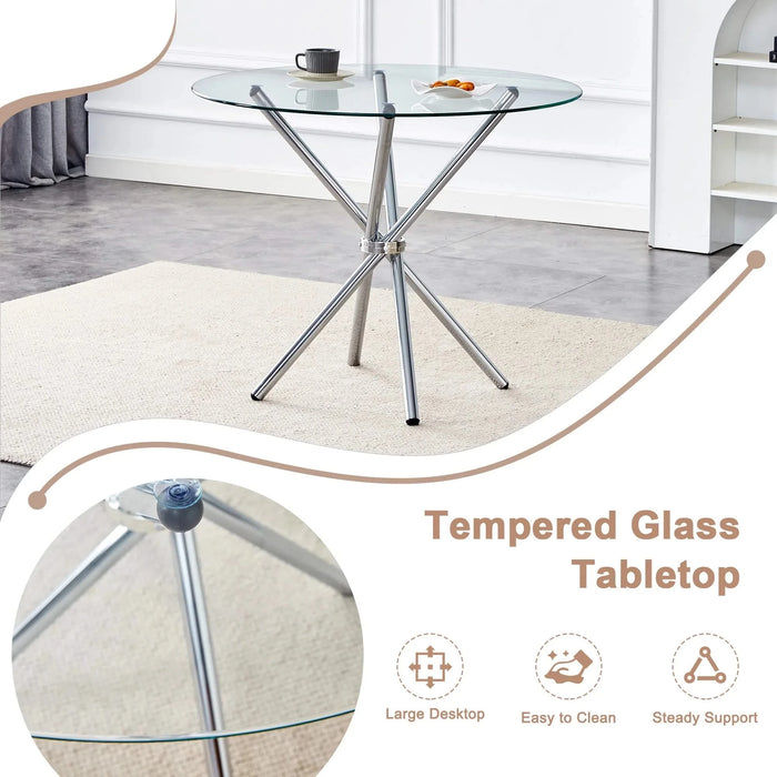 Modern Round Clear Glass Dining Table with Unique Silver Metal Legs for 4-6 People Default -DTYStore
