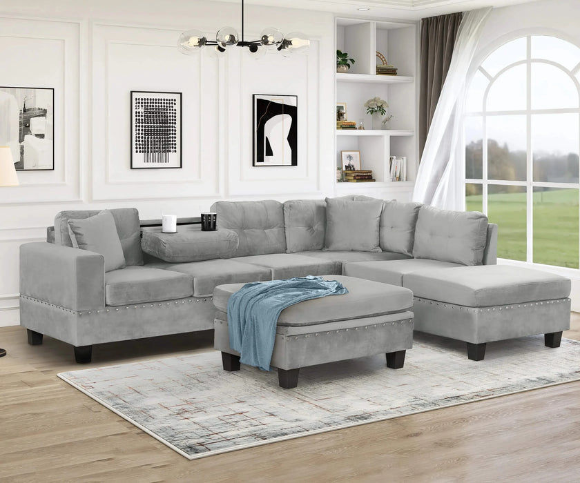 Modern Sectional Sofa with Storage Ottoman, L-Shape Couch with 2 Pillows and Cup Holders, Gray Velvet, 105 inch Default -DTYStore