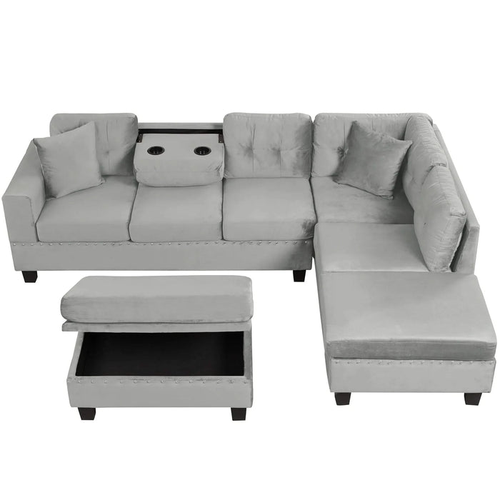 Modern Sectional Sofa with Storage Ottoman, L-Shape Couch with 2 Pillows and Cup Holders, Gray Velvet, 105 inch Default -DTYStore
