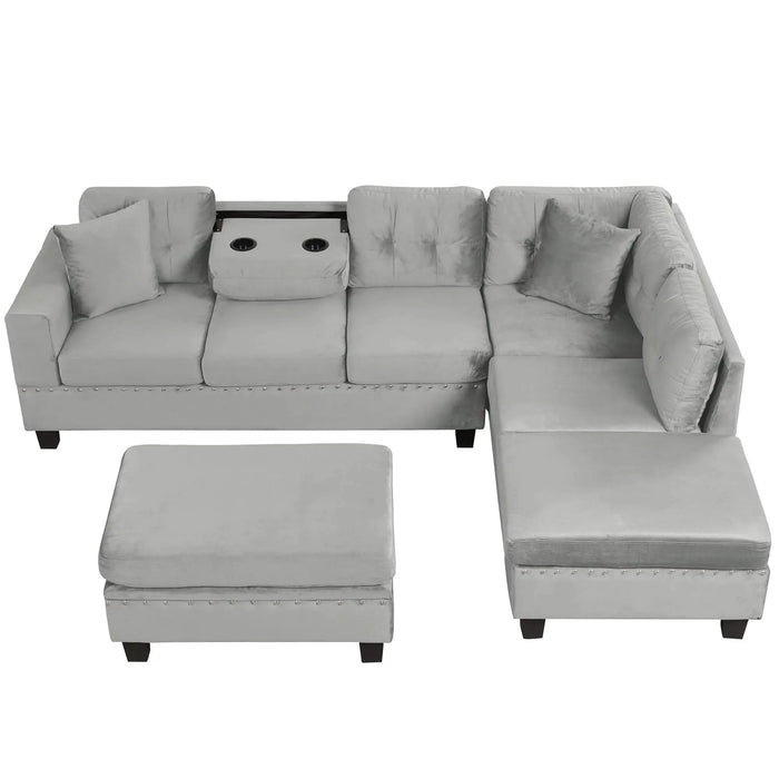 Modern Sectional Sofa with Storage Ottoman, L-Shape Couch with 2 Pillows and Cup Holders, Gray Velvet, 105 inch Default -DTYStore