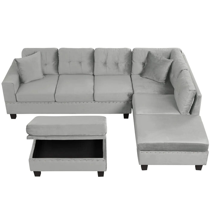 Modern Sectional Sofa with Storage Ottoman, L-Shape Couch with 2 Pillows and Cup Holders, Gray Velvet, 105 inch Default -DTYStore