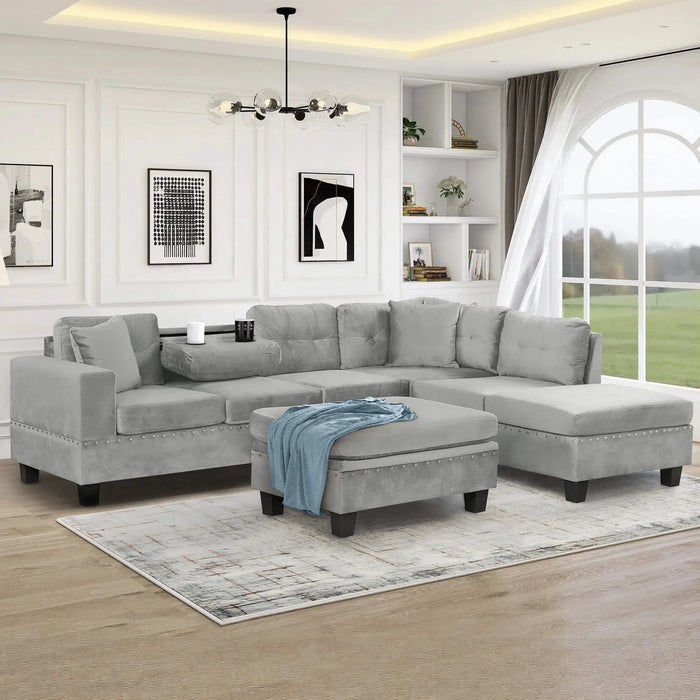 Modern Sectional Sofa with Storage Ottoman, L-Shape Couch with 2 Pillows and Cup Holders, Gray Velvet, 105 inch Default -DTYStore