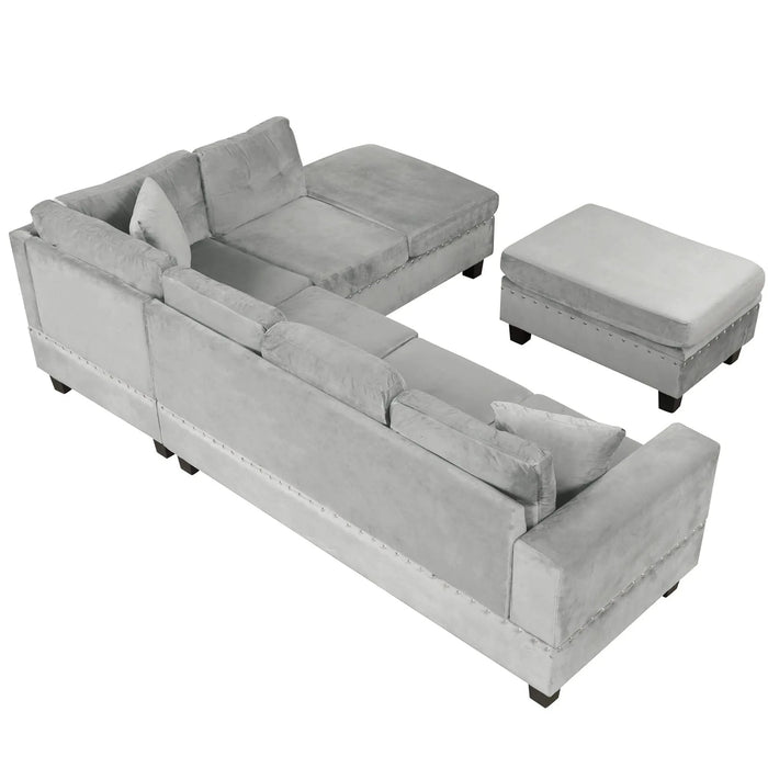 Modern Sectional Sofa with Storage Ottoman, L-Shape Couch with 2 Pillows and Cup Holders, Gray Velvet, 105 inch Default -DTYStore