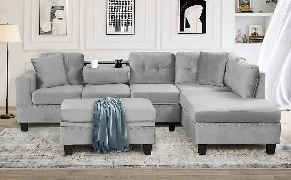 Modern Sectional Sofa with Storage Ottoman, L-Shape Couch with 2 Pillows and Cup Holders, Gray Velvet, 105 inch Default -DTYStore
