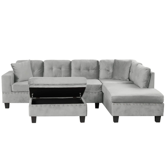 Modern Sectional Sofa with Storage Ottoman, L-Shape Couch with 2 Pillows and Cup Holders, Gray Velvet, 105 inch Default -DTYStore