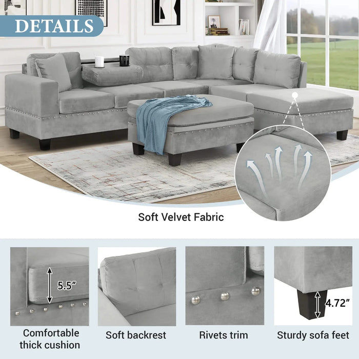 Modern Sectional Sofa with Storage Ottoman, L-Shape Couch with 2 Pillows and Cup Holders, Gray Velvet, 105 inch Default -DTYStore