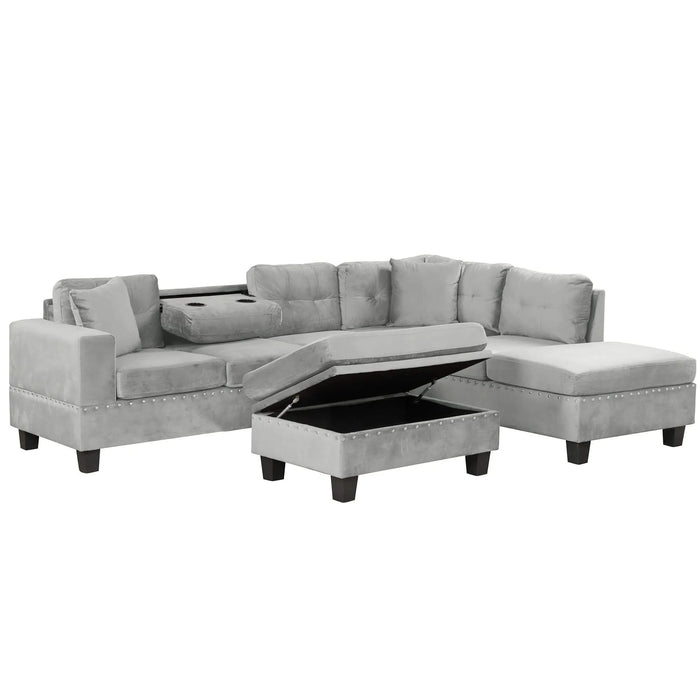 Modern Sectional Sofa with Storage Ottoman, L-Shape Couch with 2 Pillows and Cup Holders, Gray Velvet, 105 inch Default -DTYStore