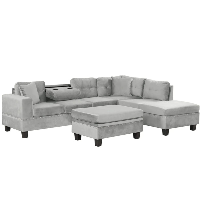 Modern Sectional Sofa with Storage Ottoman, L-Shape Couch with 2 Pillows and Cup Holders, Gray Velvet, 105 inch Default -DTYStore