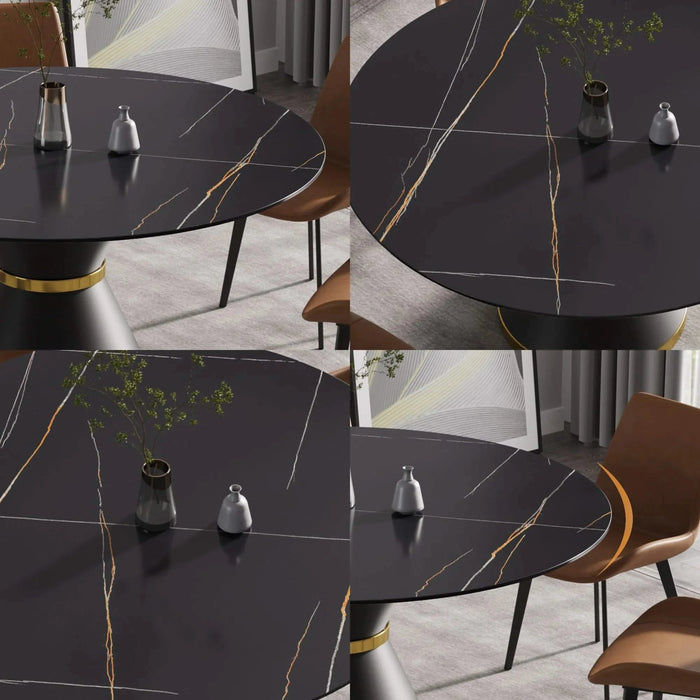 Modern Sintered Stone Round Dining Table with Black Carbon Steel Base for Six Default -DTYStore