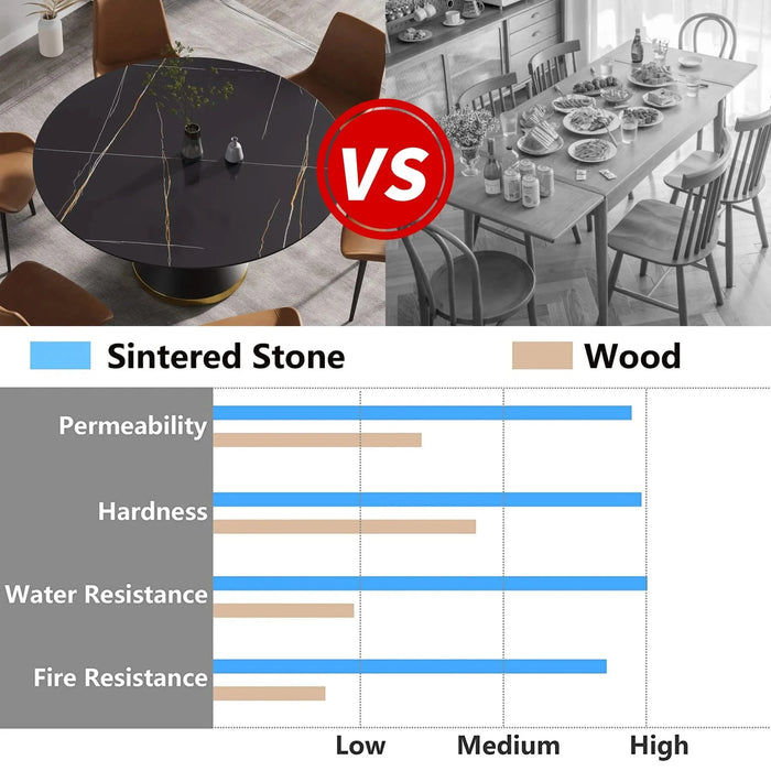 Modern Sintered Stone Round Dining Table with Black Carbon Steel Base for Six Default -DTYStore