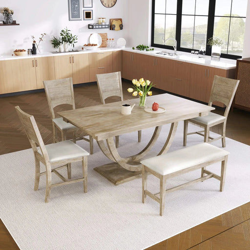 Modern Style Natural Wood 6-Piece Dining Table Set with Bench and Chairs, Upholstered Seats, Rubberwood Frame Default -DTYStore