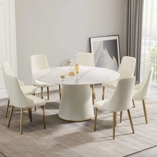 Modern White Artificial Stone Round Dining Table with Beige Plywood PU Base for 8 People Default -DTYStore