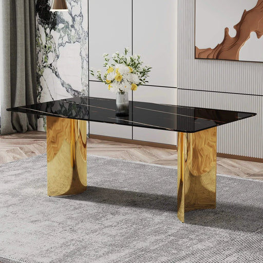 Modern minimalist dining table. The black patterned glass desktop is equipped with golden metal legs. Suitable for restaurants and living rooms 71' *39.3' *29.5' DT-69 Default -DTYStore