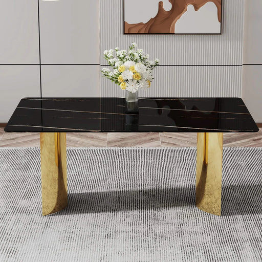 Modern minimalist dining table. The black patterned glass desktop is equipped with golden metal legs. Suitable for restaurants and living rooms 71' *39.3' *29.5' DT-69 Default -DTYStore