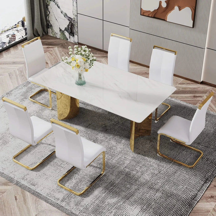 Modern minimalist dining table. The white imitation marble glass desktop is equipped with golden metal legs. Suitable for restaurants and living rooms 71 '* 39.3' * 29.5 'DT-69 Default -DTYStore