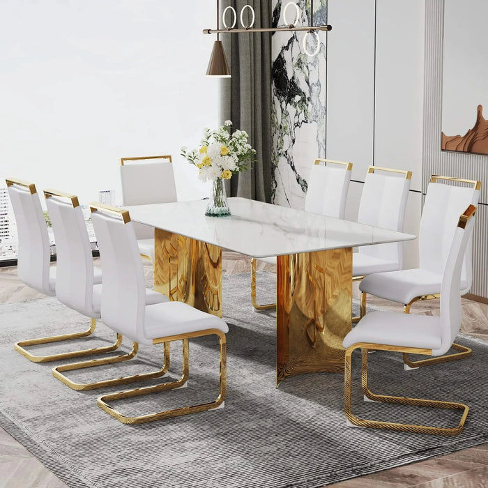 Modern minimalist dining table. The white imitation marble glass desktop is equipped with golden metal legs. Suitable for restaurants and living rooms 71 '* 39.3' * 29.5 'DT-69 Default -DTYStore