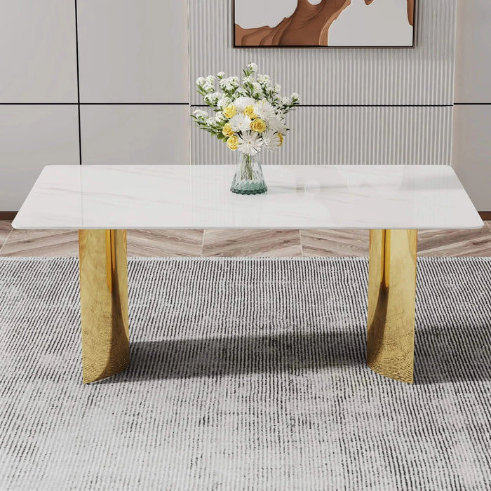Modern minimalist dining table. The white imitation marble glass desktop is equipped with golden metal legs. Suitable for restaurants and living rooms 71 '* 39.3' * 29.5 'DT-69 Default -DTYStore