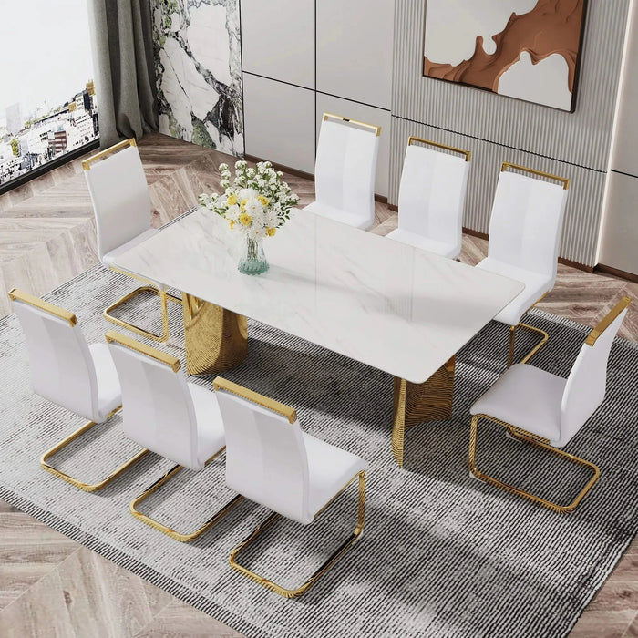 Modern minimalist dining table. The white imitation marble glass desktop is equipped with golden metal legs. Suitable for restaurants and living rooms 71 '* 39.3' * 29.5 'DT-69 Default -DTYStore