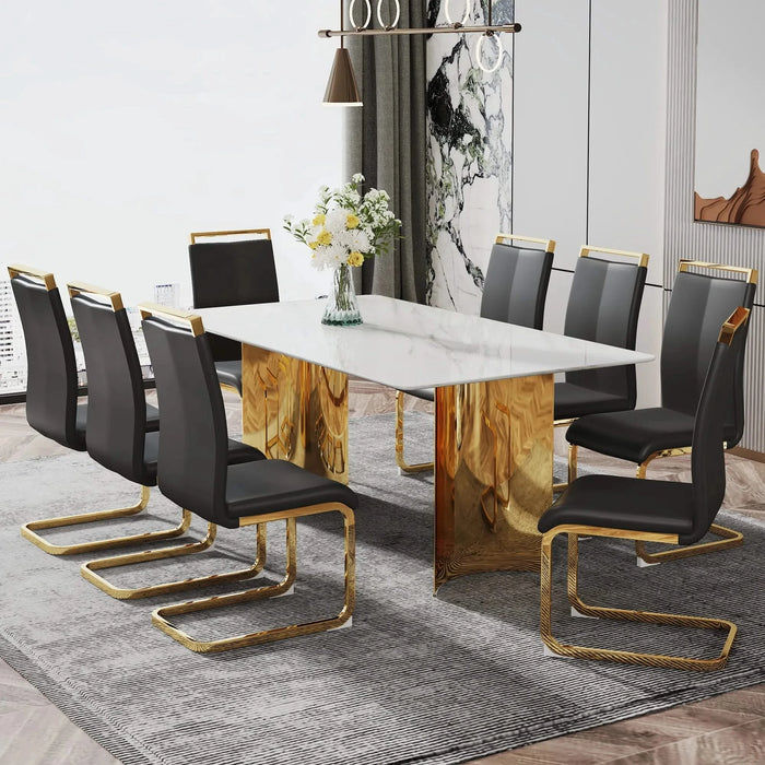 Modern minimalist dining table. The white imitation marble glass desktop is equipped with golden metal legs. Suitable for restaurants and living rooms 71 '* 39.3' * 29.5 'DT-69 Default -DTYStore