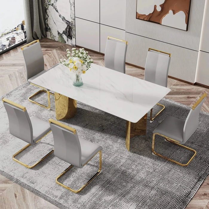 Modern minimalist dining table. The white imitation marble glass desktop is equipped with golden metal legs. Suitable for restaurants and living rooms 71 '* 39.3' * 29.5 'DT-69 Default -DTYStore