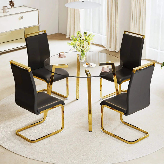 Modern minimalist style circular transparent tempered glass table, tempered glass tabletop, golden metal legs, suitable for kitchen, dining room, and living room, 42 '* 42' * 29.5 '1123r Default -DTYStore