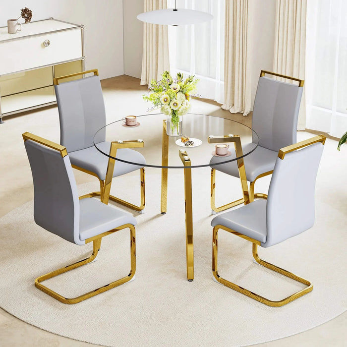 Modern minimalist style circular transparent tempered glass table, tempered glass tabletop, golden metal legs, suitable for kitchen, dining room, and living room, 42 '* 42' * 29.5 '1123r Default -DTYStore