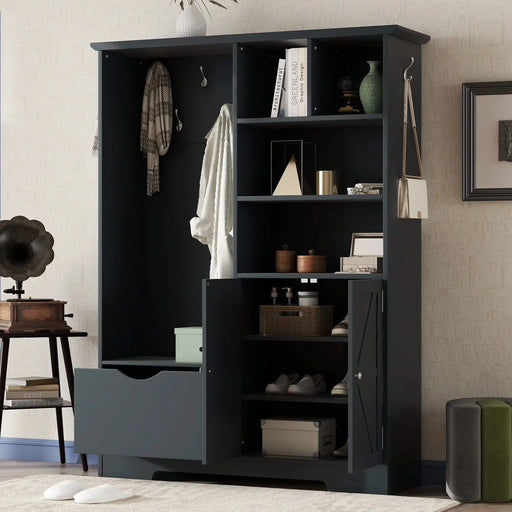 Multi-functional Hall Tree with Storage Shelves Drawers and Cabinet, Elegant Hallway Shoe Cabinet with Bench, Modern Coat Rack with Hooks for Hallway Entryways, Antique Blue Default -DTYStore