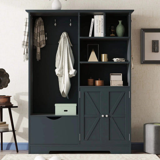Multi-functional Hall Tree with Storage Shelves Drawers and Cabinet, Elegant Hallway Shoe Cabinet with Bench, Modern Coat Rack with Hooks for Hallway Entryways, Antique Blue Default -DTYStore