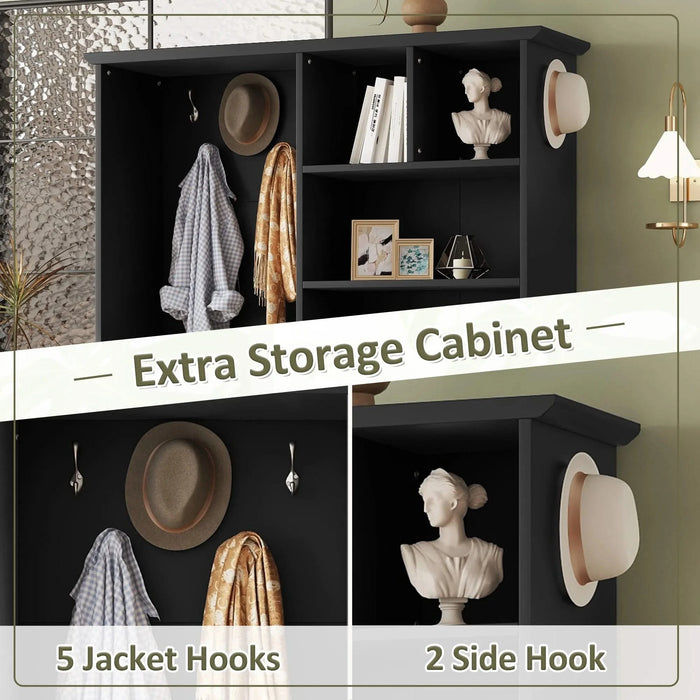 Multi-functional Hall Tree with Storage Shelves Drawers and Cabinet, Elegant Hallway Shoe Cabinet with Bench, Modern Coat Rack with Hooks for Hallway Entryways, Black Default -DTYStore