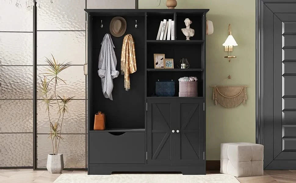 Multi-functional Hall Tree with Storage Shelves Drawers and Cabinet, Elegant Hallway Shoe Cabinet with Bench, Modern Coat Rack with Hooks for Hallway Entryways, Black Default -DTYStore
