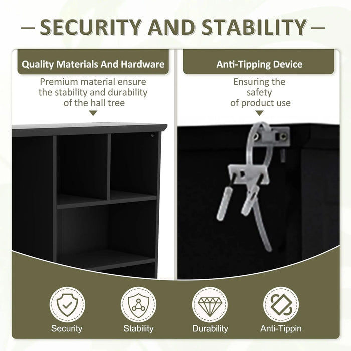 Multi-functional Hall Tree with Storage Shelves Drawers and Cabinet, Elegant Hallway Shoe Cabinet with Bench, Modern Coat Rack with Hooks for Hallway Entryways, Black Default -DTYStore