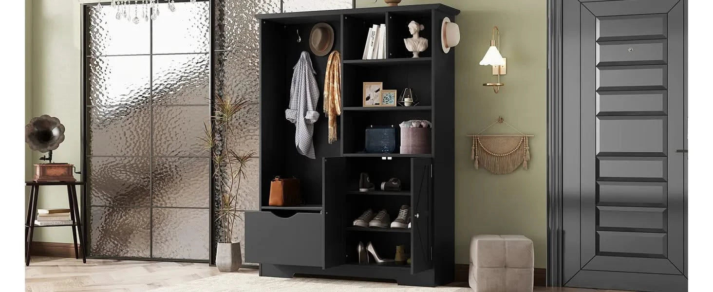 Multi-functional Hall Tree with Storage Shelves Drawers and Cabinet, Elegant Hallway Shoe Cabinet with Bench, Modern Coat Rack with Hooks for Hallway Entryways, Black Default -DTYStore